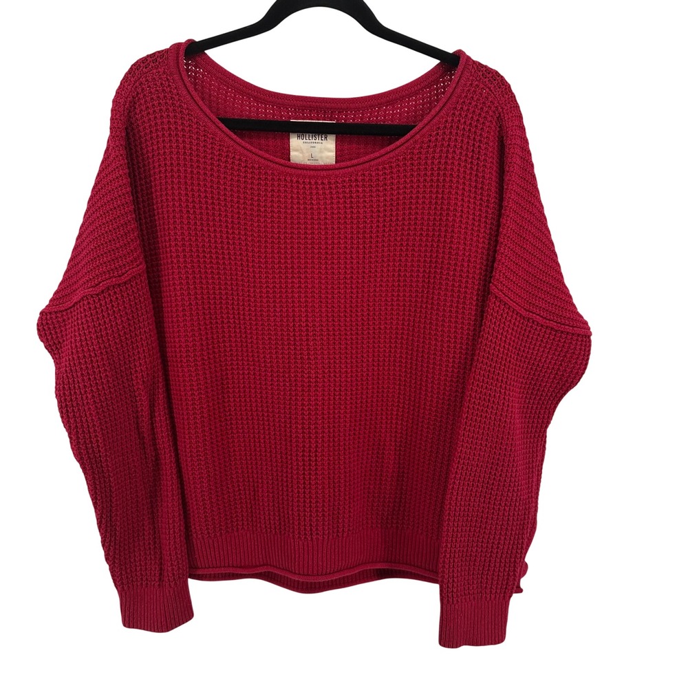 Hollister Sweater Women L Red Chunky Waffle Knit Roll Neck Boat Neck Long Sleeve